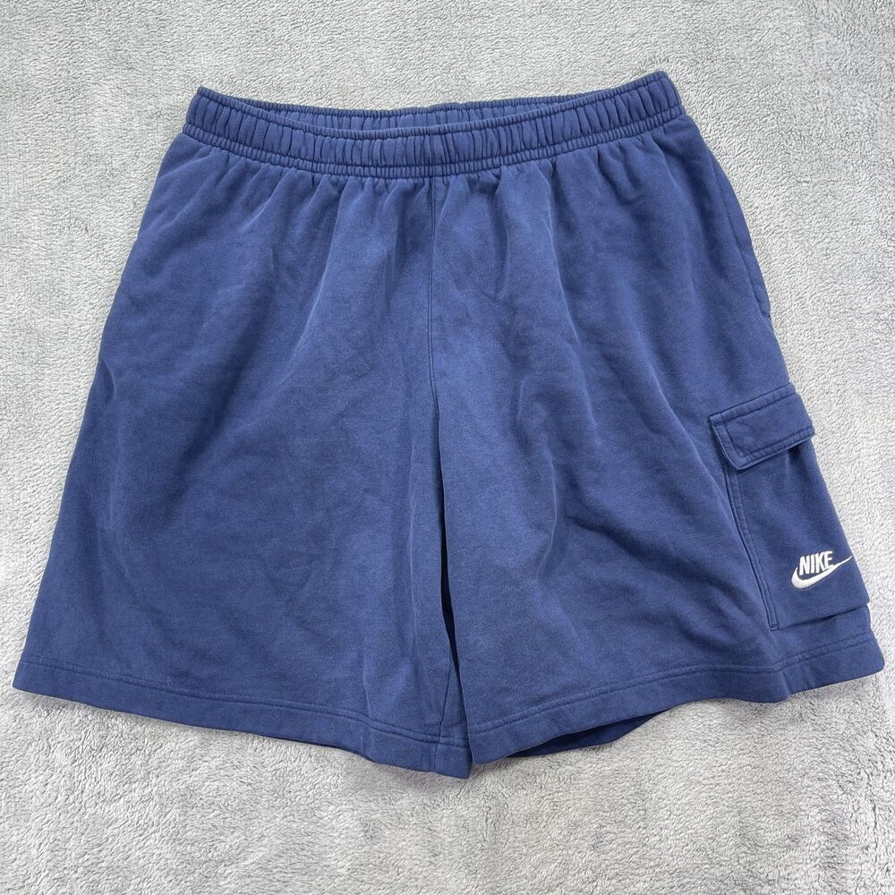 Nike Club Logo Cargo Shorts Mens XL Blue Cotton Pockets Fleece Lined Hiking